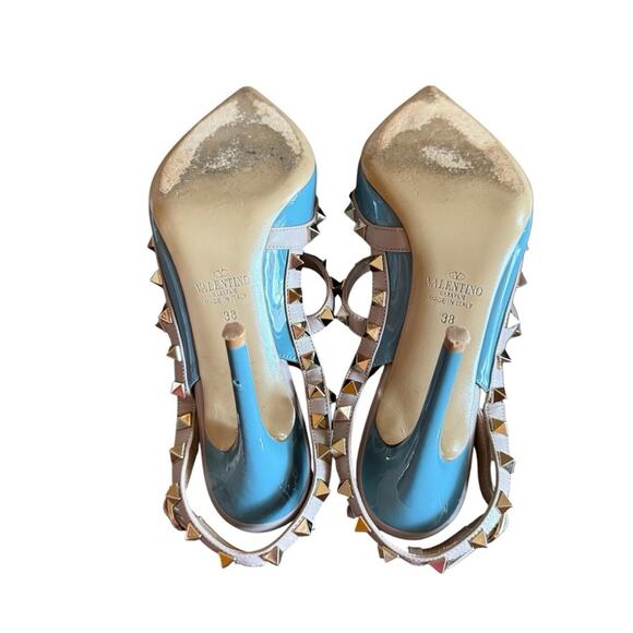 Valentino Garavani Rockstud Blue Ciel Leather T Ankle Strap Pumps EU 38 US 8 - Picture 12 of 14